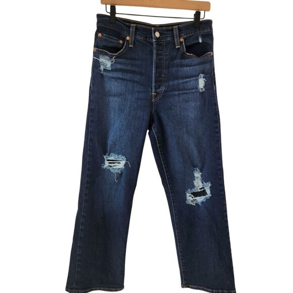 Levi's Ribcage Straight Ankle Jeans Dark Wash Denim Distressed Women's 29 - Picture 1 of 11